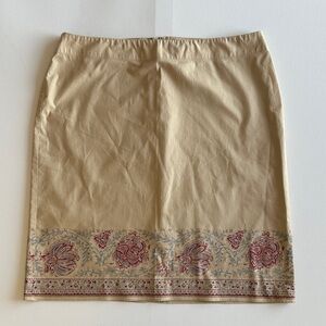 Ann Taylor Beige Cotton Pencil Skirt Floral Border Print Career Office Size 8